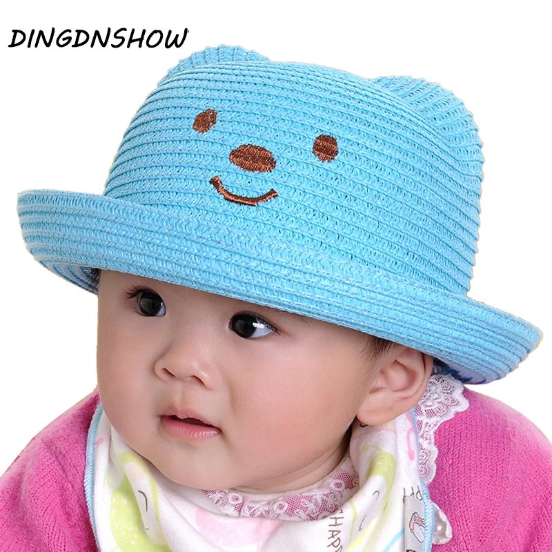 

2016 New Straw Hat Cartoon Children Summer Baby Ear Decoration Lovely Character Sun Hat Solid Floppy Panama for Girls and Boys