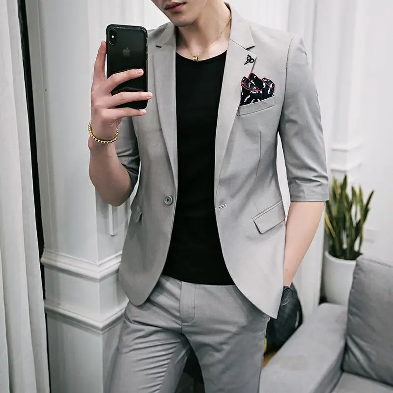 

New Men's Buckle Suit Suit Korean Slim Groom Wedding Host Short-sleeved Suit Jacket + Pants