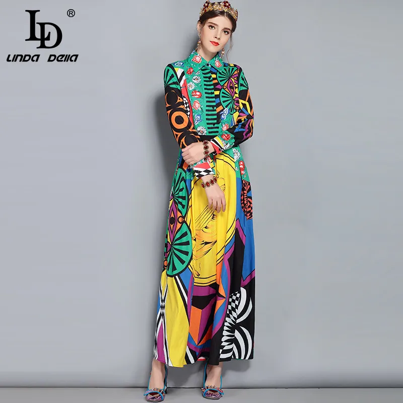 LD LINDA делла модное подиумное Макси Платье женское с длинным рукавом великолепное с цветочным принтом винтажное длинное платье Высокое качество