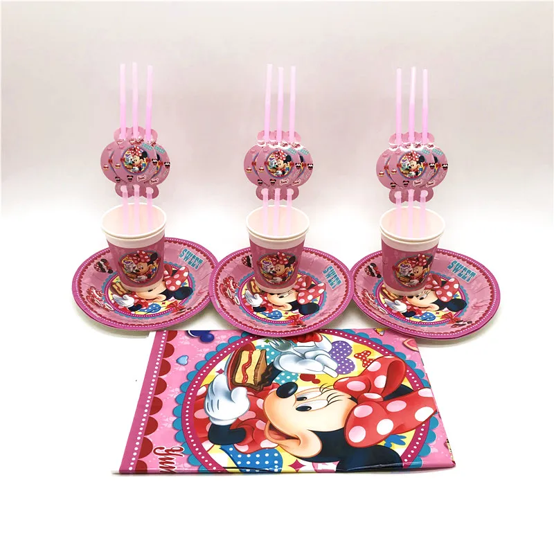 

73Pcs/Lot Disney Minnie Mouse Cartoon Cup+Plate Girl Favors Birthday Party Event Party Tablecloth Wedding Plastic Straw Supply