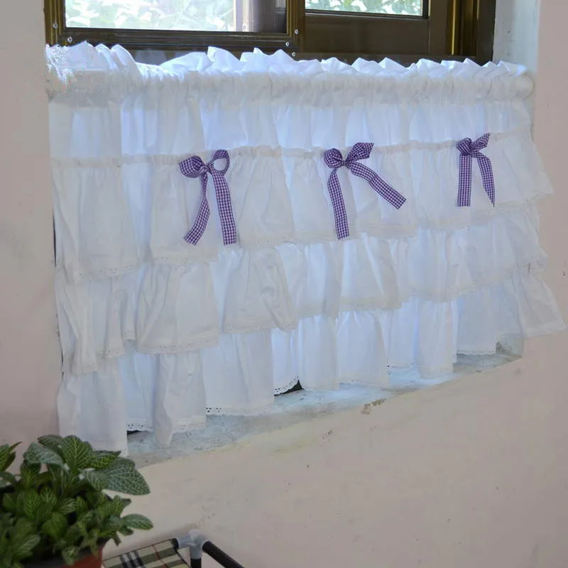 

1Panel 50cm height Cake Style Folds White with Purple Bows Cotton Decorative Short Curtain Kitchen Curtain Coffee Curtain