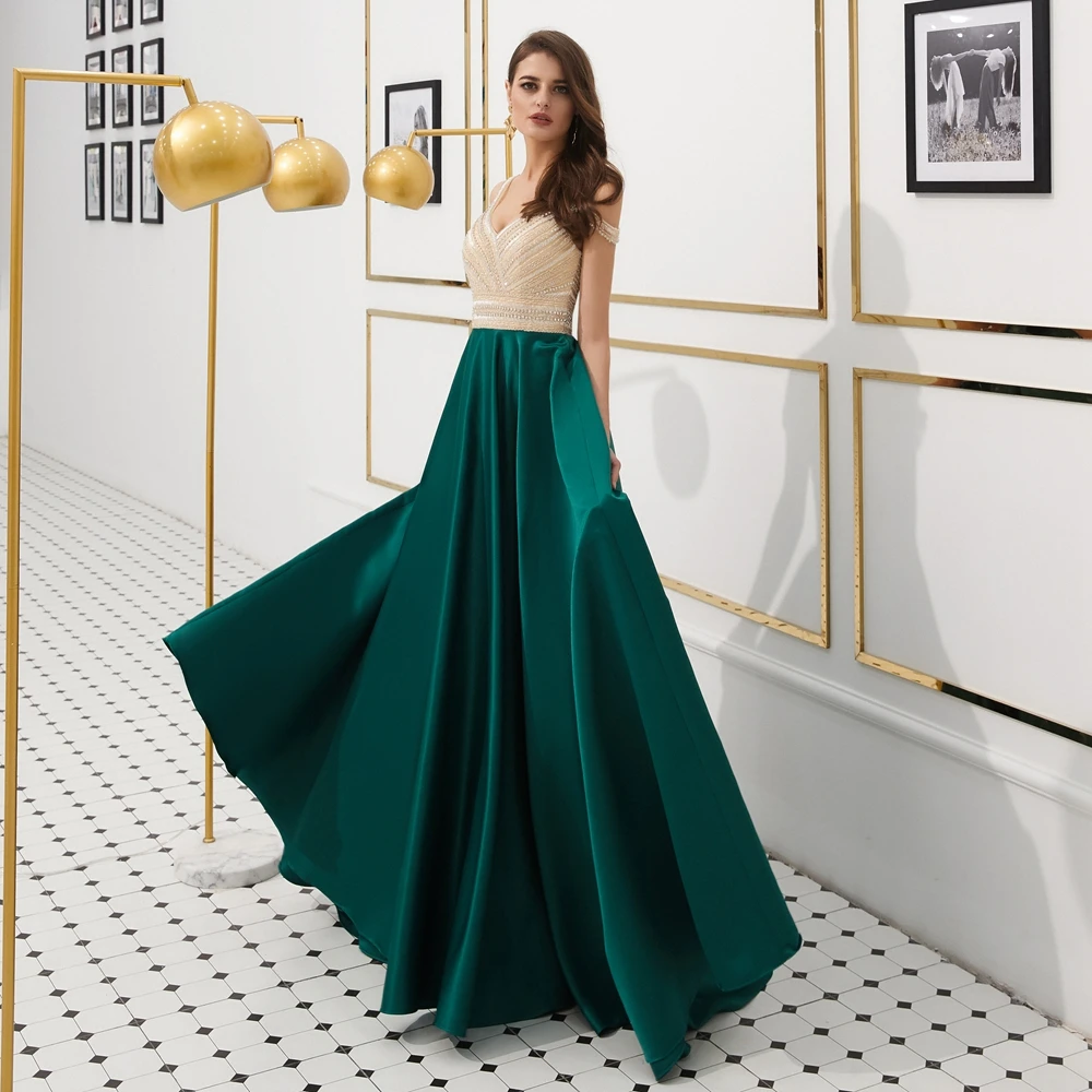 Evening Dresses Long Formal Wear 2019 Women Prom Gowns Beading Crystal Champagne Green Satin A Line V Neck Backless Party Luxury Evening Dresses Long Formal Wear 2019 Women Prom Gowns Beading Crystal Champagne Green Satin A Line V Neck Backless Party Luxury