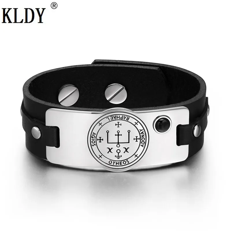 

KLDY Men Amulet Stainless Steel Genuine Leather Bracelet Simulated Black Onyx Adjustable Black Leather Bracelet Best Gift 2018