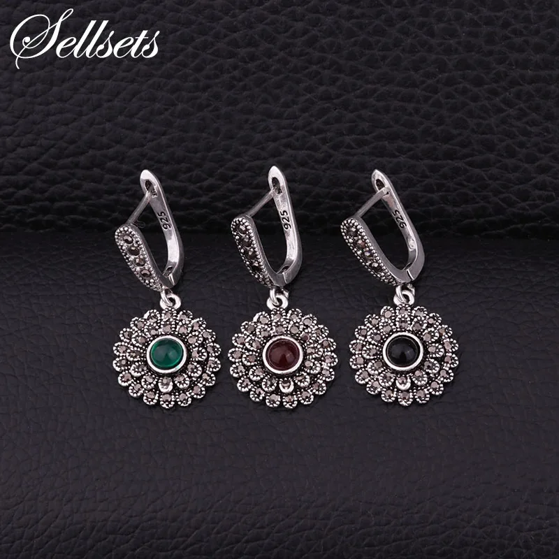 

Sellsets Vintage Silver Color Earring Alloy Pave Full Black Rhinestone Sun Flower Dangle Drop Earrings Women Girl Gifts