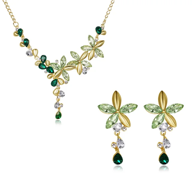 Gold Color Necklace And Earring Sets Sweet Green Flower Pendants Gold Color Necklace And Earring Sets Sweet Green Flower Pendants Necklaces Earrings Set For Women Long