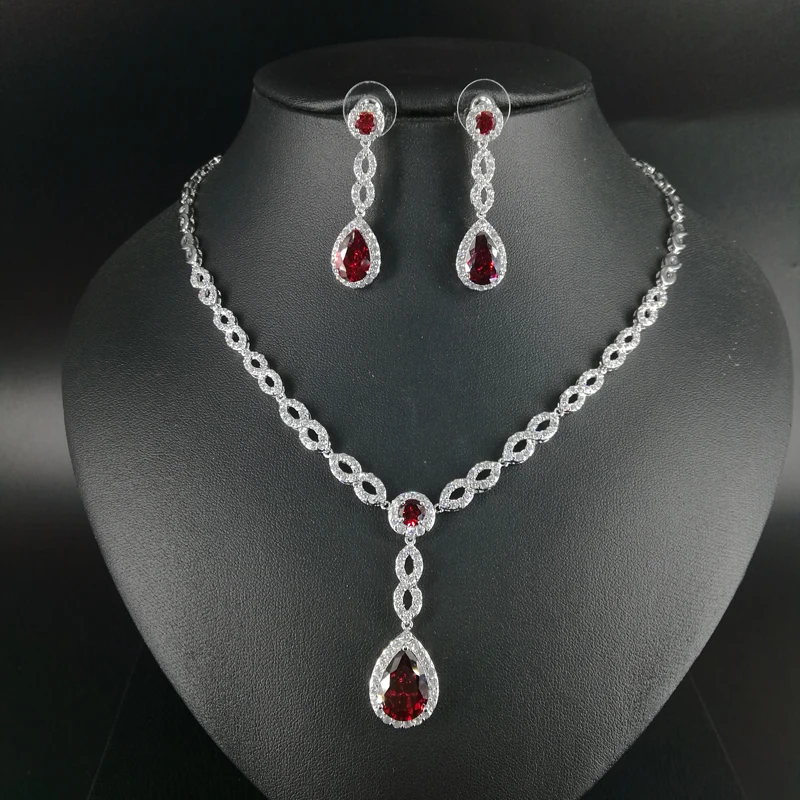 

2019 NEW FASHION,romantic elegant RED water drop CZ zircon bride necklace earring set,wedding bride party dress banquet jewelry