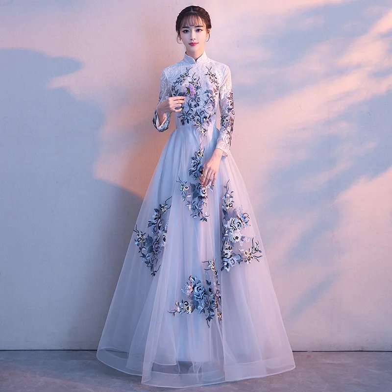 Серое кружевное женское китайское традиционное платье вечерние женские элегантные чонсам, свадебное платье винтажное платье подружки