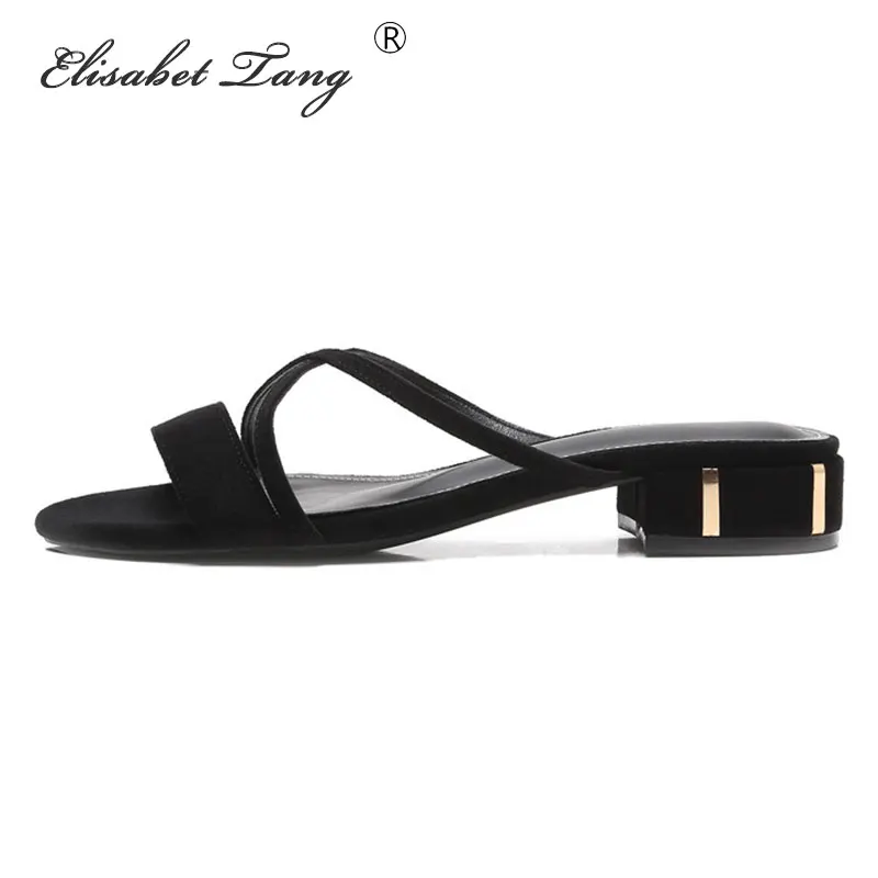 ElisabetTang New Summer Slide Slippers For Woman Fashion Outdoors Cross-tied Narrow Band Comfortable Chunky Heels Slippers