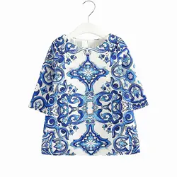 2018 Новый От 3 до 8 лет европейский стиль для девочек vestido Мода Половина рукава autumnr синий и белый ретро узор платье для девочек
