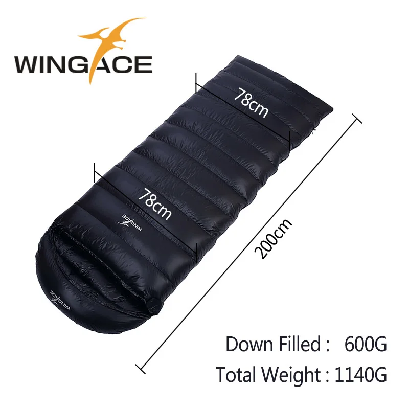 WINGACE Fill, 600 г, 1000 г, спальный мешок на утином пуху, зимний, походный, для кемпинга, конверт, для взрослых, для путешествий, спальный мешок, Сверхлегкий - Цвет: Black 600G