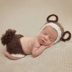 Мягкий мохеровый реквизит для фотосессии новорожденных, костюмы, шапка с ушками медведя + штаны, комплект из 2 предметов