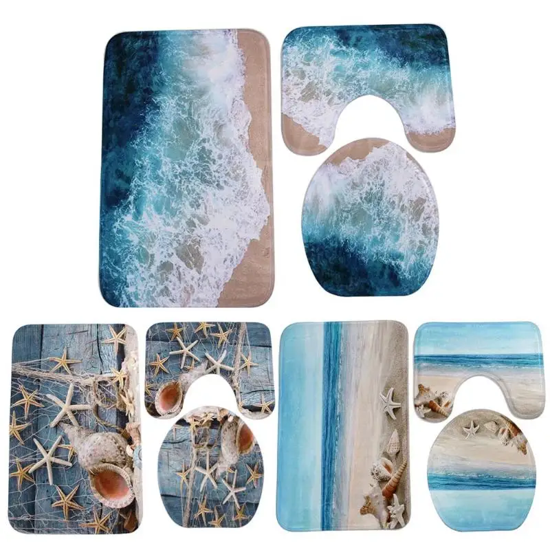 

3pcs Ocean Pattern Bathroom Set Mat Non-Slip Bath Rug Carpet Lid Toilet Cover good materialssoft comfortable Bathroom Set Mat