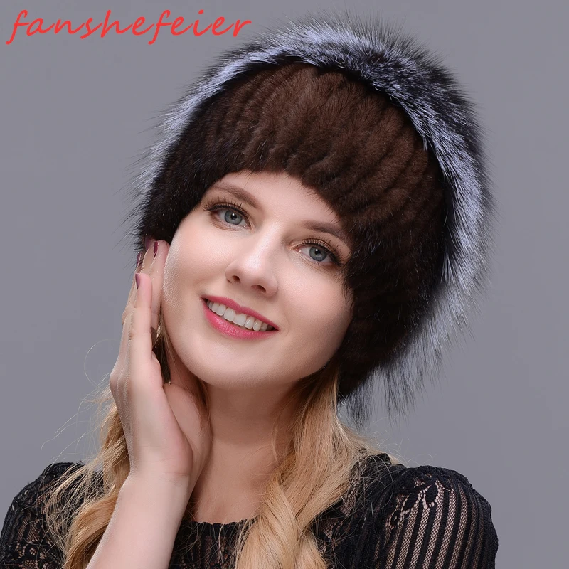 Модная женская шапка, новая зимняя меховая шапка с капюшоном, шапка из натурального меха норки и мех серебристой лисы, шапка с цветочным дизайном, мех высокого качества - Цвет: colour02