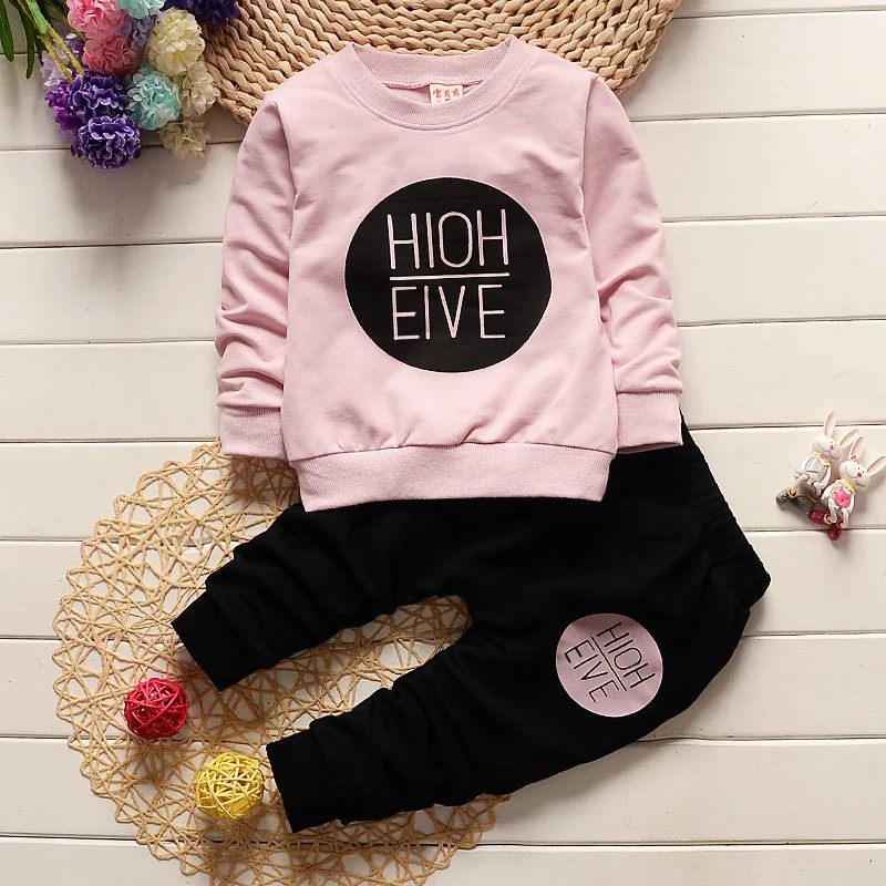 Весенне-осенние комплекты детской одежды футболка с буквенным принтом и штаны для маленьких мальчиков и девочек модные спортивные хлопковые костюмы из 2 предметов для малышей - Цвет: EL zimu Pink