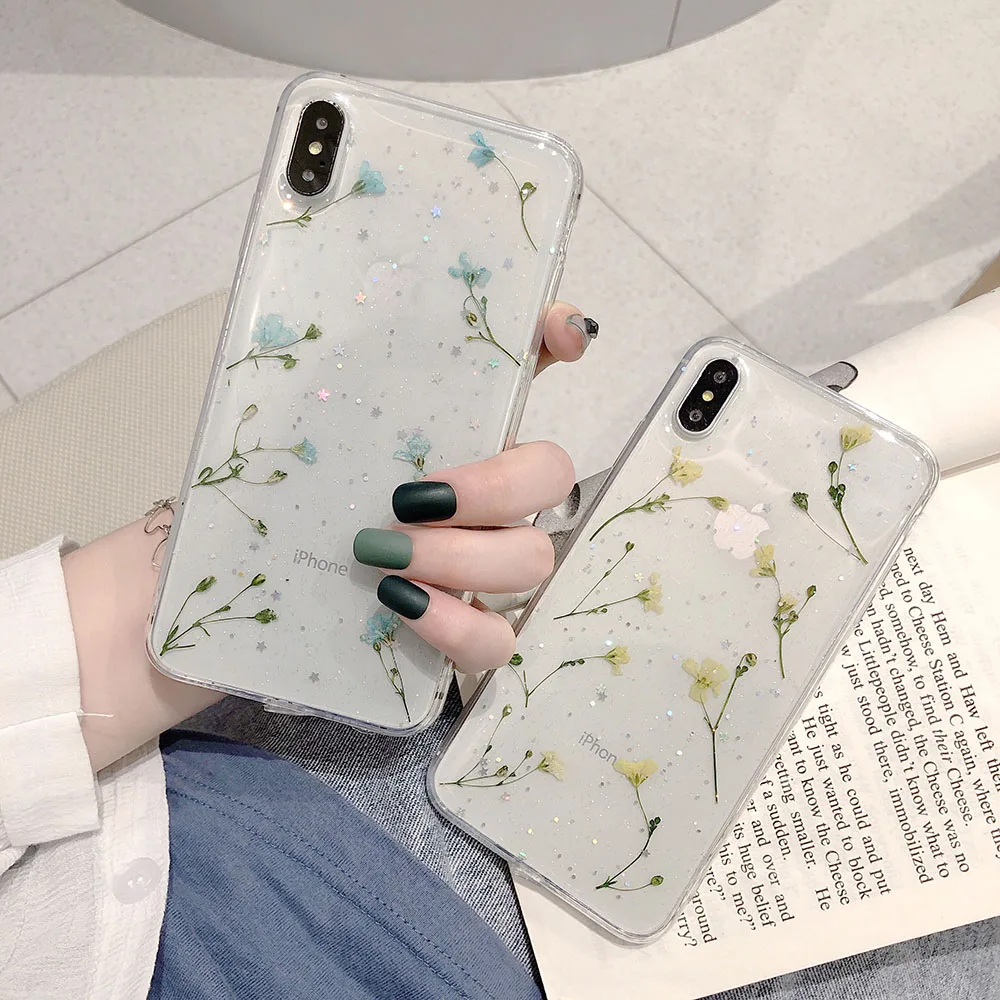 

Real Dried Flower Phone Case for iPhone 7 8 6 6s Plus XR X XS MAX Glitter Transparent Soft TPU Handmade Floral Back Cover Fundas