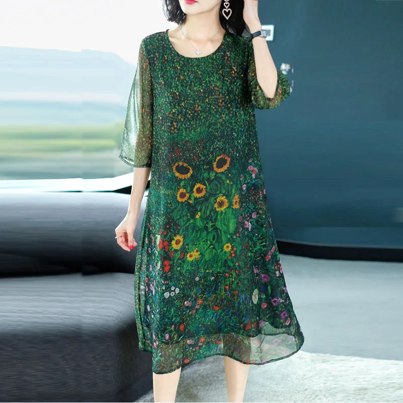 

2019 Summer dress Green Vintage Floral Print Dresses Women O-Neck Short Sleeve Silk Dress Mid-Calf Vestidos Big Size 3XL