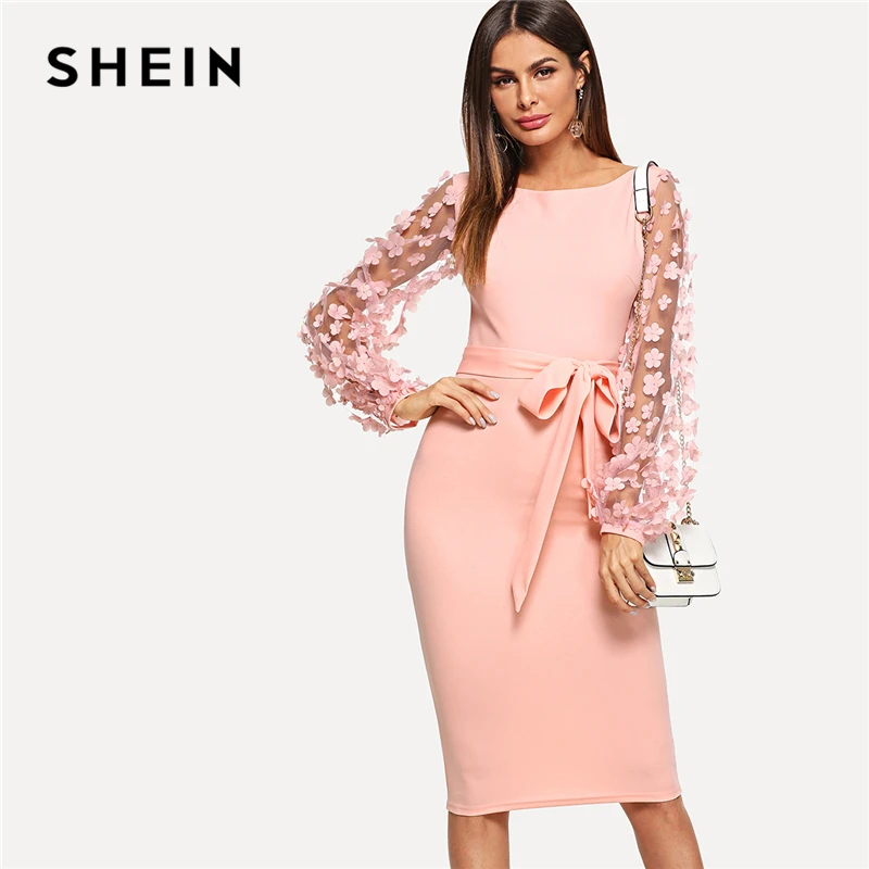 SHEIN Rosa Elegante Party Blume Applique Kontrast Mesh Sleeve Passende Form Belted Solid Kleid 2018 Herbst Frauen Casual Kleider-in Kleider aus Damenbekleidung bei