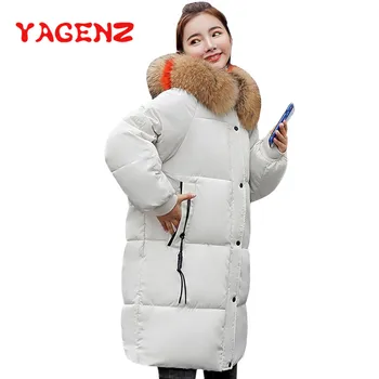 

YAGENZ Big Fur Collar Winter Jacket Women Long Parka Cotton Warm Down Parkas Hooded Coat Woman Plus Size Thicken Basic Outerwear