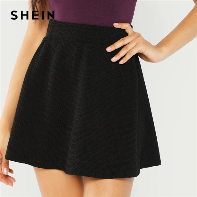 US $7.00 SHEIN Black Elastic Waist Textured Skirt Preppy Plain Fit and Flare A Line Skirts Women Autumn High