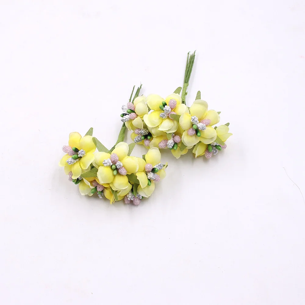yellow 6 шт., искусственный цветок, 3,5 см, шелковые тычинки, хризантема для свадьбы, дома, рождества, украшения, сделай сам, венок, скрапбук, подарочная коробка - Цвет: yellow