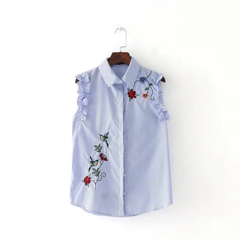 

2017 women fashion vintage vestidos sleeveless embroidery agaric striped blouses shirt brand femininas blusas slim tops LS1301