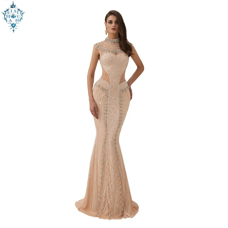 

Ameision gold mermaid evening dress 2019 high neckline crystals beading formal women gown dresses robe de soiree pageant dresses