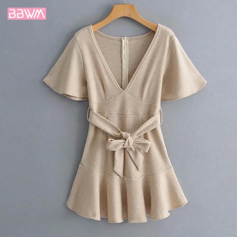 

2019 summer new temperament ruffled lace wrap around waist V-neck French dress female Knitted zipper short sleeved elegant women