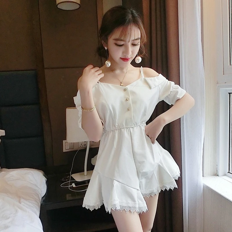 Ulzzang женская одежда летние новые корейские модные однотонные сексуальные с бретельками на талии кружевные Комбинезоны Женский комбинезон - Цвет: Белый