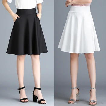 

45CM 55CM Women Pleated Midi Skirt High Waist Long Skirts Female Summer Female Elegant Sexy Solid Korean Skirt Office Wear