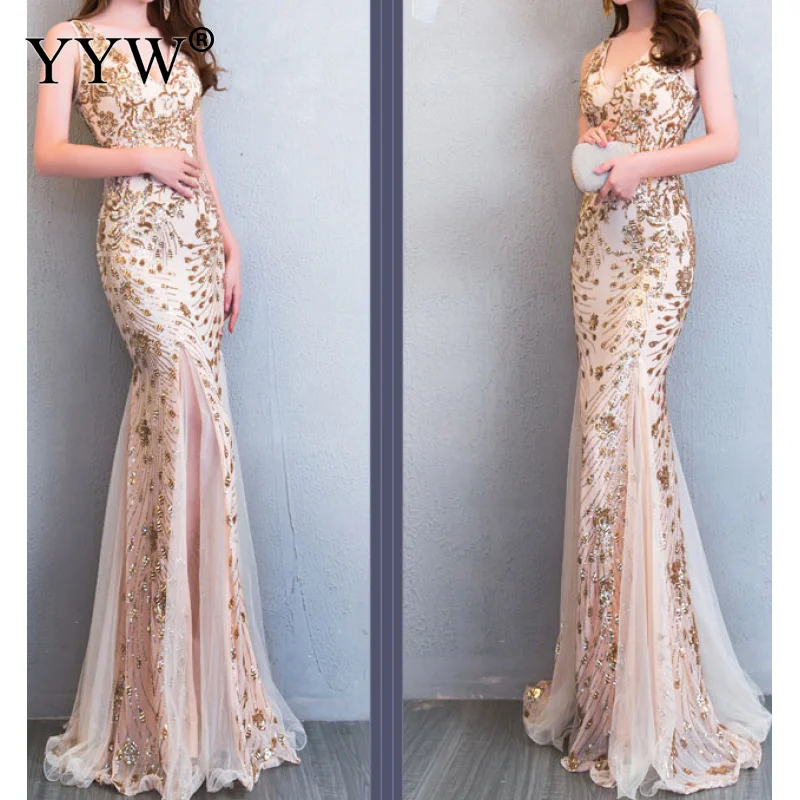 

Sleeveless Sexy V Neck Cheongsam Women Gold Sequins Mermaid Qipao Oriental Evening Dresses Long Party Slim Special Occasion Wear