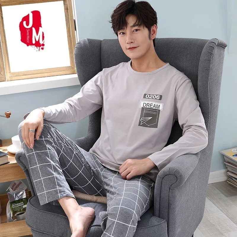 

Pajamas Set For Men 100% Cotton Casual Letter Striped O-neck Sleepwear Pyjamas Autumn Winter Long Pajamas Big Size L-XXXL
