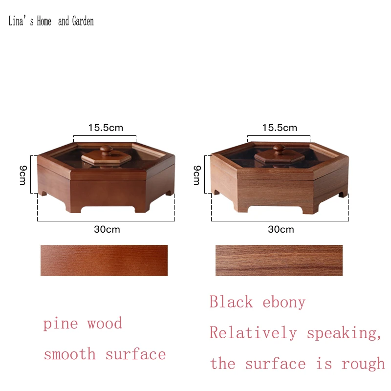 hexagonal antique Chinese solid wood compartment food serving tray with clear lid (6)