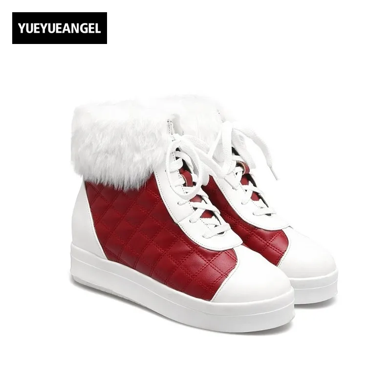 

Women Winter Pu Leather Casual Shoes Kawaii Fur Trim Warm Ankle Boots Comfort Thicken Flat Heel Patchwork Footwear Lace Up Botas