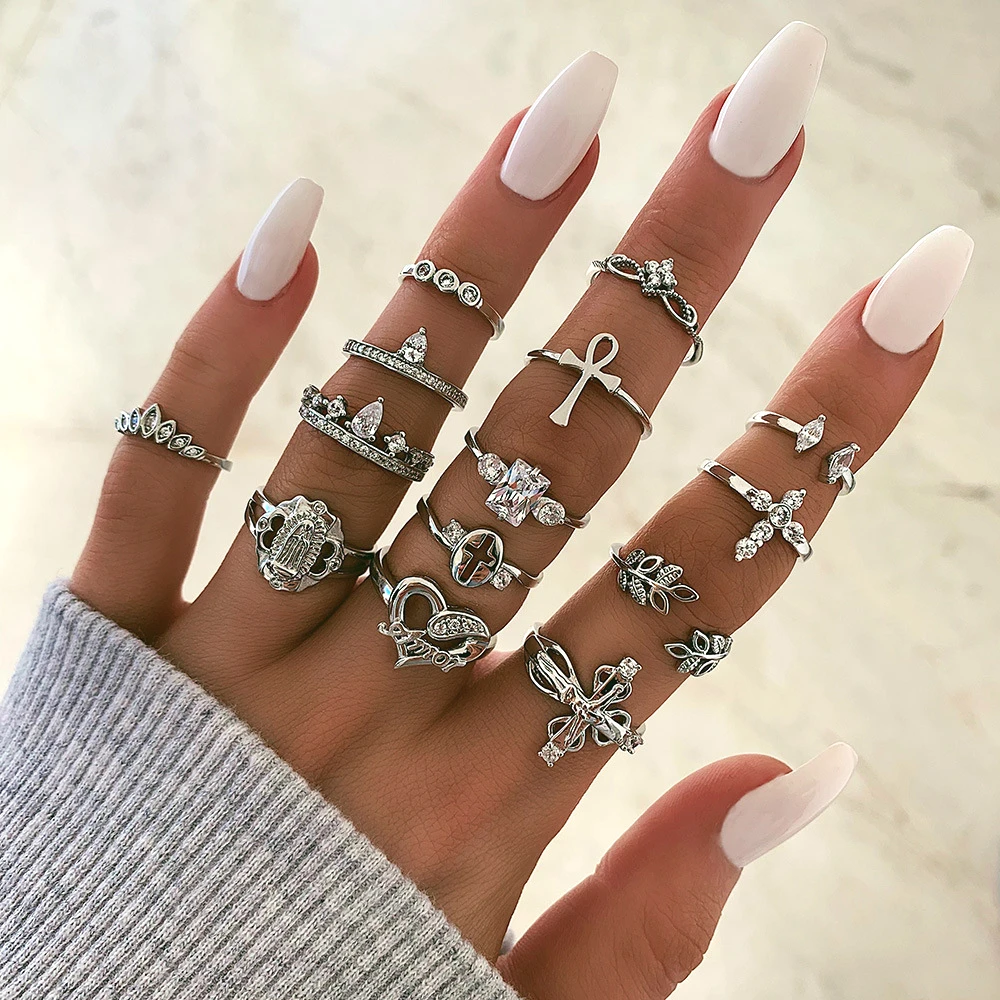 

14 Pcs/set Vintage Heart Cross Crystal Buddha Flower Geometric Silver Finger Ring Set Women Fashion Party Wedding Jewelry