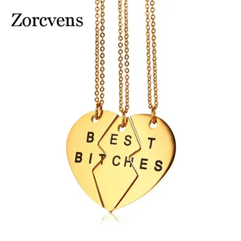 

ZORCVENS New Gold silver color Stainless Steel Heart Parts " Best Bitches" Pendant Necklace for Best Girlfriends