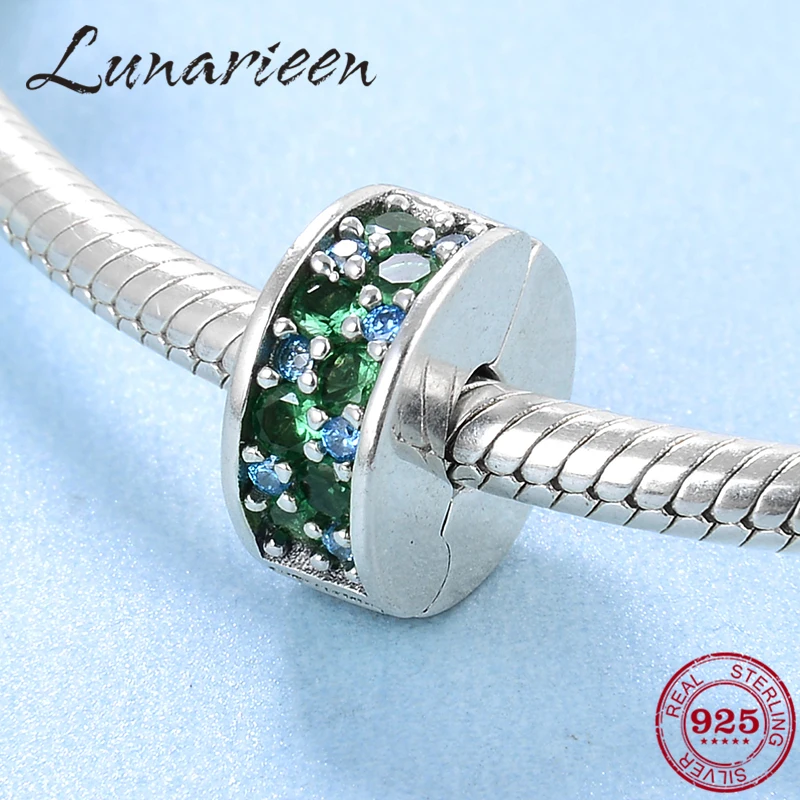 

New 925 Sterling Silver round shape green blue clips Lock zircon beads Fit Original Pandora Charm Bracelet Jewelry making