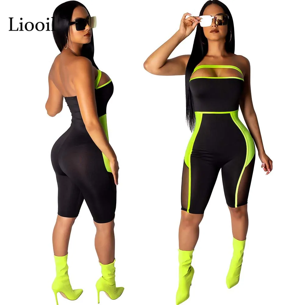 Liooil без бретелек сексуальный комбинезон шорты неоновый зеленый Bodycon вечерние костюмы пляжного типа и комбинезоны с колготками клубный наряд