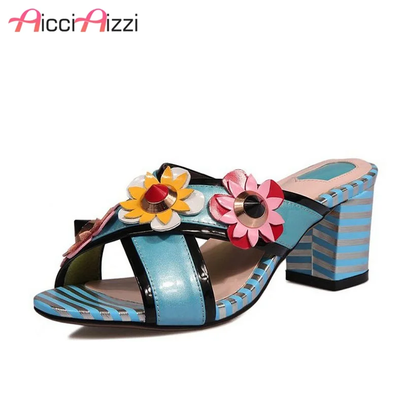 

ZALAVOR Vintage Women Real Genuine Leather High Heel Sandals Flower Rivet Thick Heel Slippers Summer Party Shoes Size 34-40