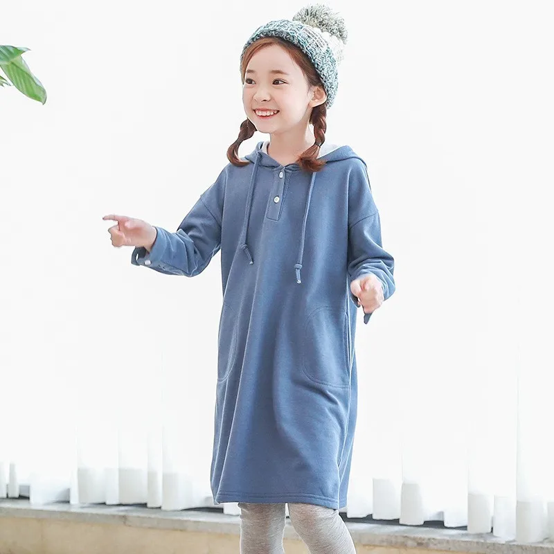 

Blue Hooded Long Sweatshirts Dresses For Baby Big Girls Long Sleeve Cotton Autumn Hoodies Clothing Children Outerwear Dress Kids