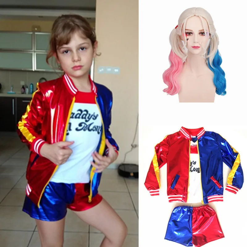 Skup Dzieci dziewczyny Harley Quinn kostium jokera Purim Superhero samobójstwo Squad Cosplay kostiumy karnawał kurtka peruka zestawy dla dzieci