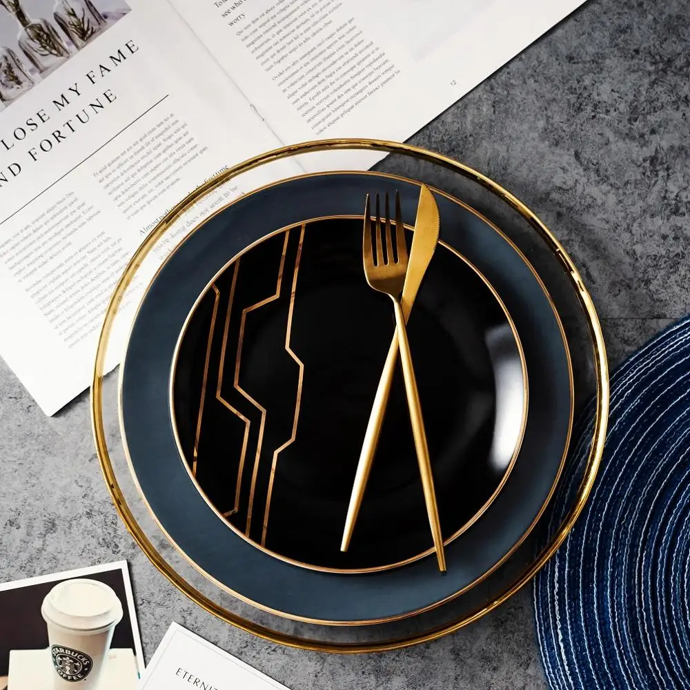 Fashion Color Ceramic Dinner Plate Gold Inlay Accent Dessert Cake Plate Service Salad Plates
