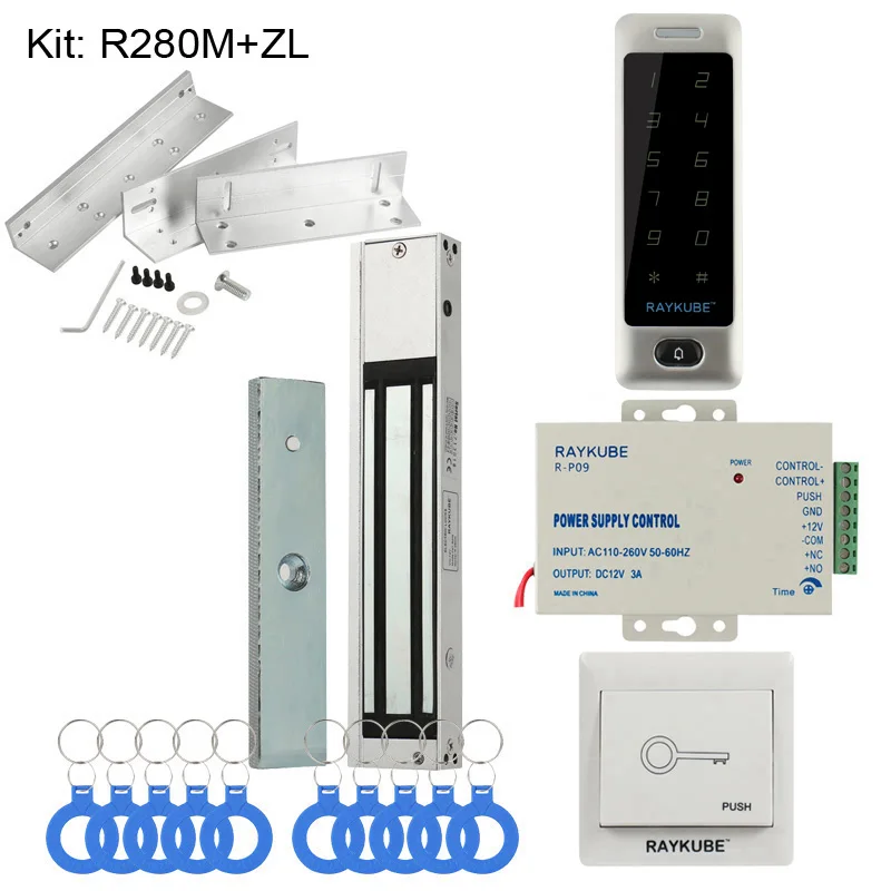 RAYKUBE DIY система контроля доступа набор с сенсорной клавиатурой+ Электронные дверные замки+ кнопка выхода+ блок питания+ RFID ключи - Цвет: 280MZL