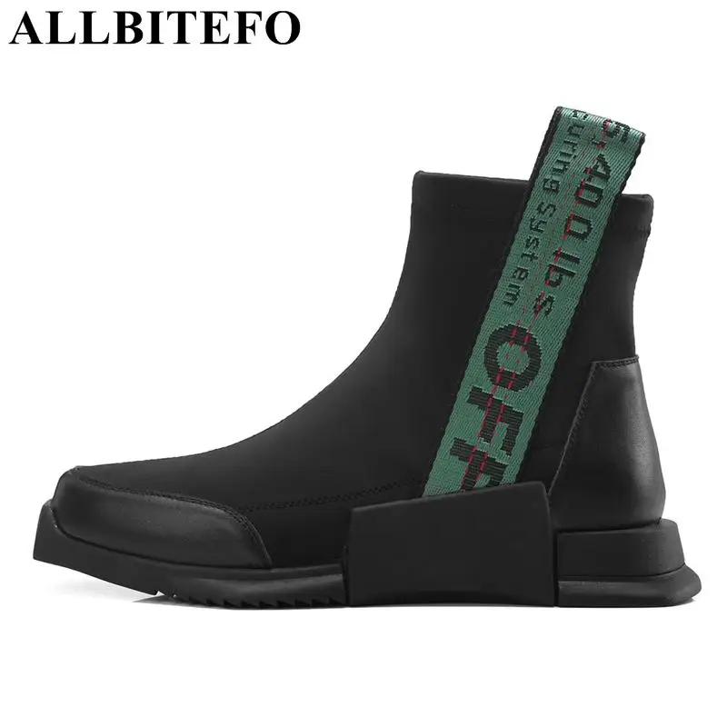 

ALLBITEFO brand natural genuine leather +Elastic material flat heel women boot fashion casual girls ankle boots motorcycle boots