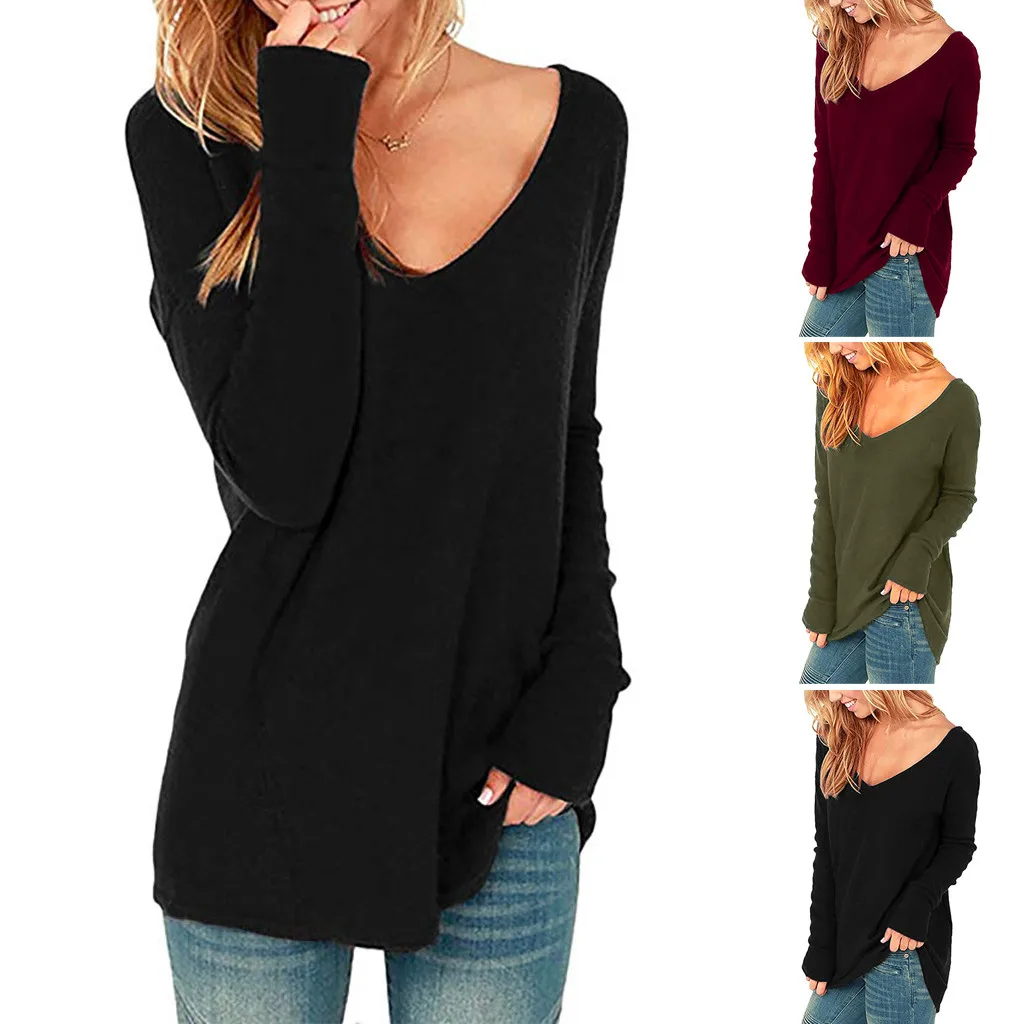 

Fashion Women Long Sleeve tshirt Sexy V Neck Casual Loose Pullover Shirt Tops womens long sleeve shirt women