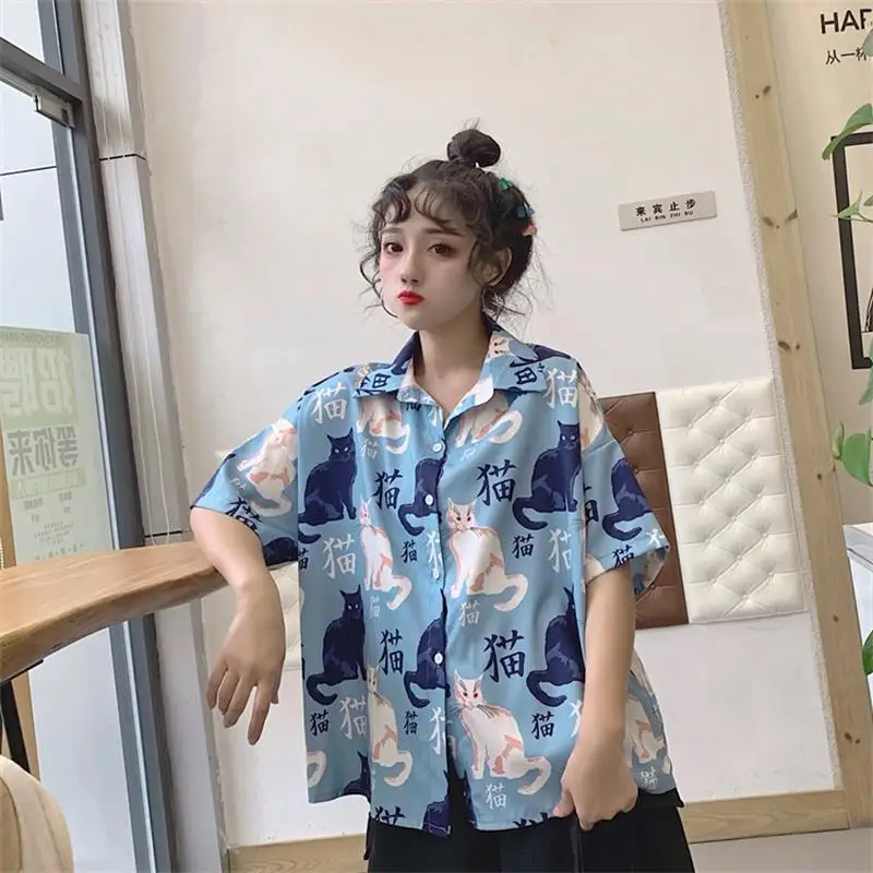 

Casual Loose Cat Print Short Sleeve Shirt Women's Summer Shirts Kawaii Ulzzang Lovely Female Sweet Harajuku Cute Top For Women