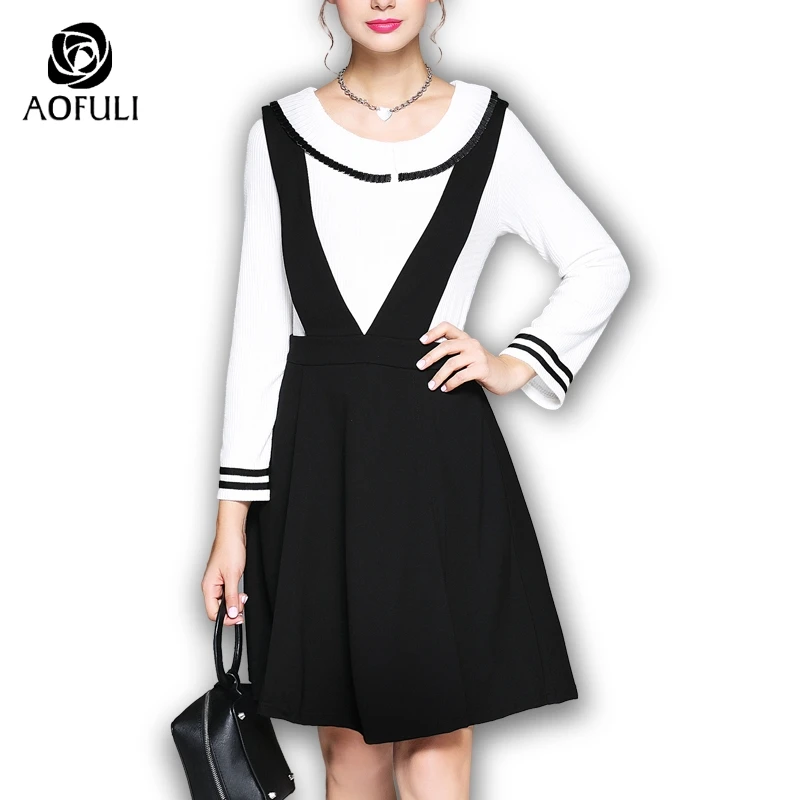AOFULI 5xl Women Pullover And Dress Suit Set Long Sleeve Knitted Sweater Twinset Suspender Dress Two Piece Outfit S- 5XL 6203