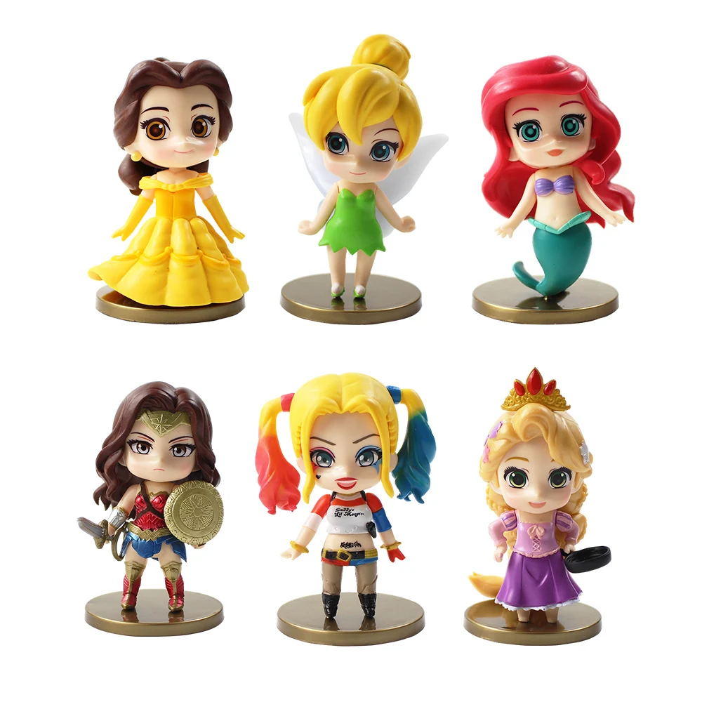 

6pcs/lot Q Posket Figures Petit Characters Belle Tinkerbell Mermaid Ariel Tangled Wonder Woman Harley Quinn Model Toys