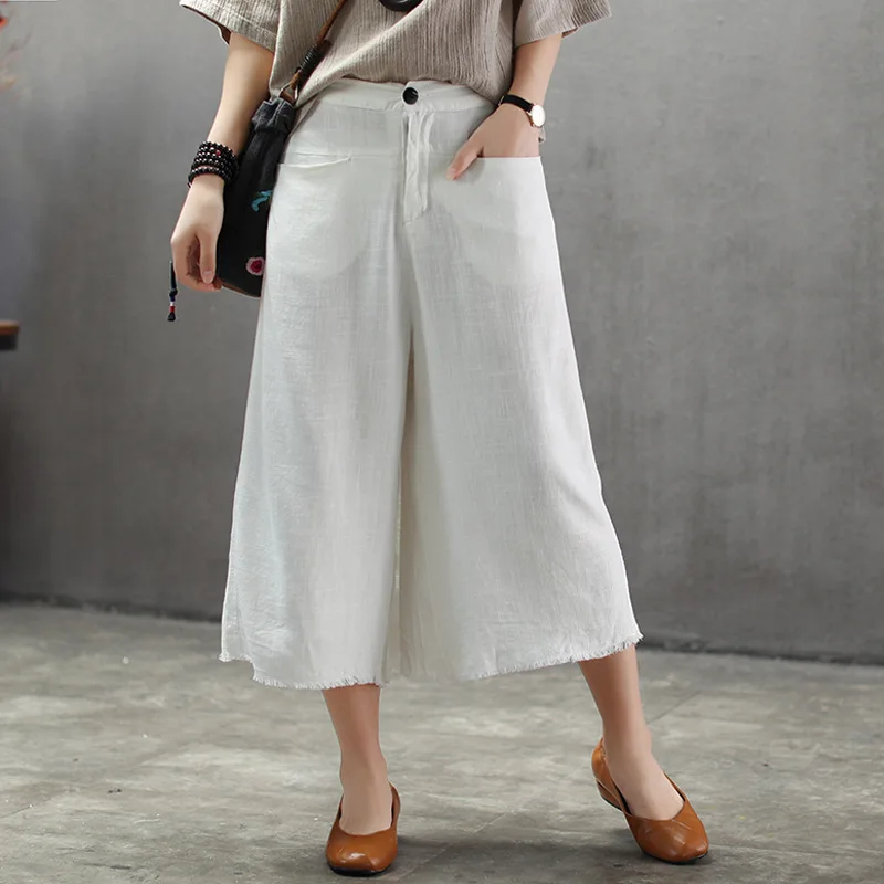 

Casual Light Calf Length Jacquard Raw Edged Women Cotton Linen Fake Skirt-pants, White Green Grey Summer Cool Lady Loose Capris