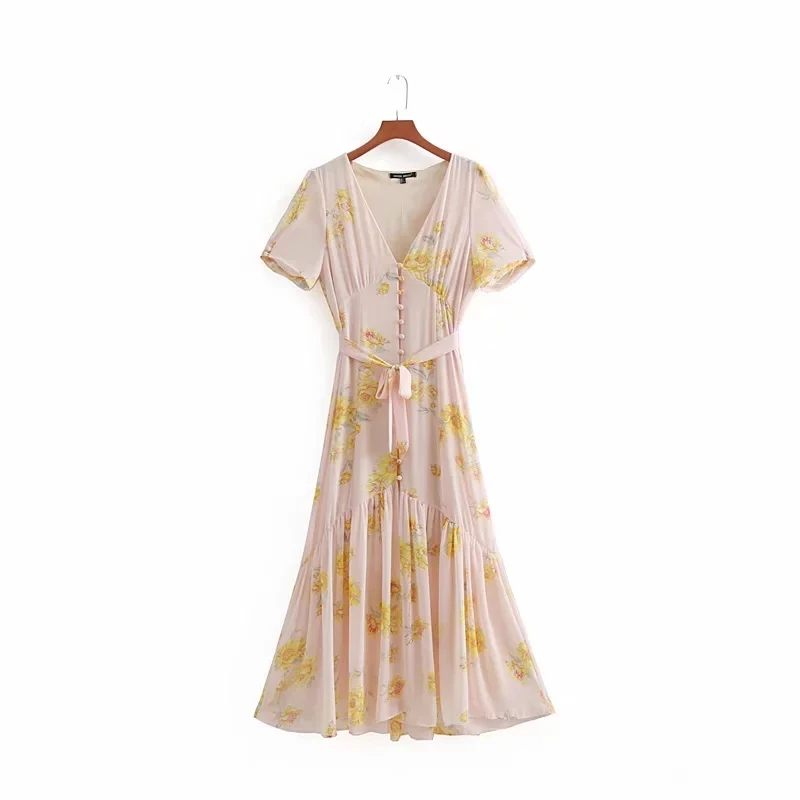 

Flower Printing V Neck Single Breasted Women Dress Leisure Female Short Sleeve Dresses Autumn Lady Loose Streetwear D3185