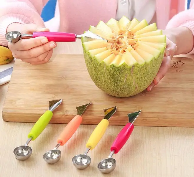 100pcs 2in1 Dual-head Fruit Ball Carving Knife Kiwi Fruit Waterlemon Scoop Melon Digger Jar Mashed Potato Baller Ice Crea